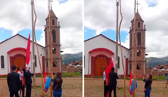 Las autoridades trataron de izar la bandera del Perú en un tronco de árbol, pero al elevarla la soga se rompió. Foto: composición LR/ TikTok/ @ntv_andahuaylas Las autoridades trataron de izar la bandera del Perú en un tronco de árbol, pero al elevarla la soga se rompió. Foto: composición LR/ TikTok/ @ntv_andahuaylas
