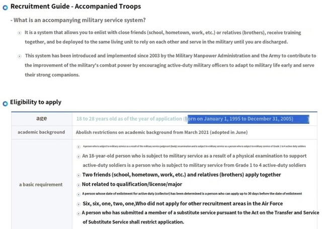 Requisitos para aplicar al sistema de compañeros en el Ejército coreano. Foto: captura de Military Manpower Administration Requisitos para aplicar al sistema de compañeros en el Ejército coreano. Foto: captura de Military Manpower Administration
