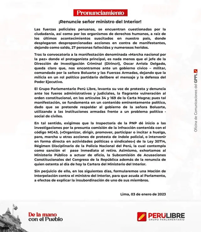 Comunicado de Perú Libre. Foto: difusión Comunicado de Perú Libre. Foto: difusión