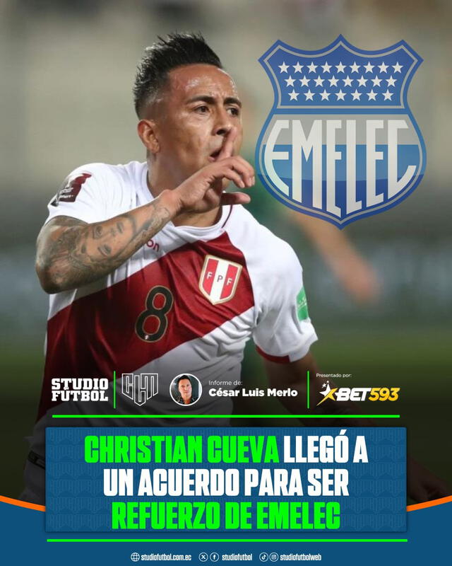 Acuerdo entre Chistian Cueva y Emelec de Ecuador. Foto: Twitter/César Luis Merlo.   